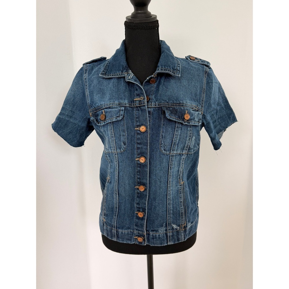 Route 66 Womens Medium Wash Short Sleeve Denim Jacket Cut Off Trucker Size M